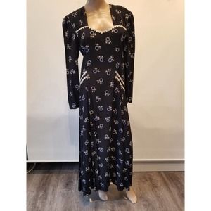 Vintage 90's New Black Navy Maxi Dress Fitted Long Sleeve Size 8